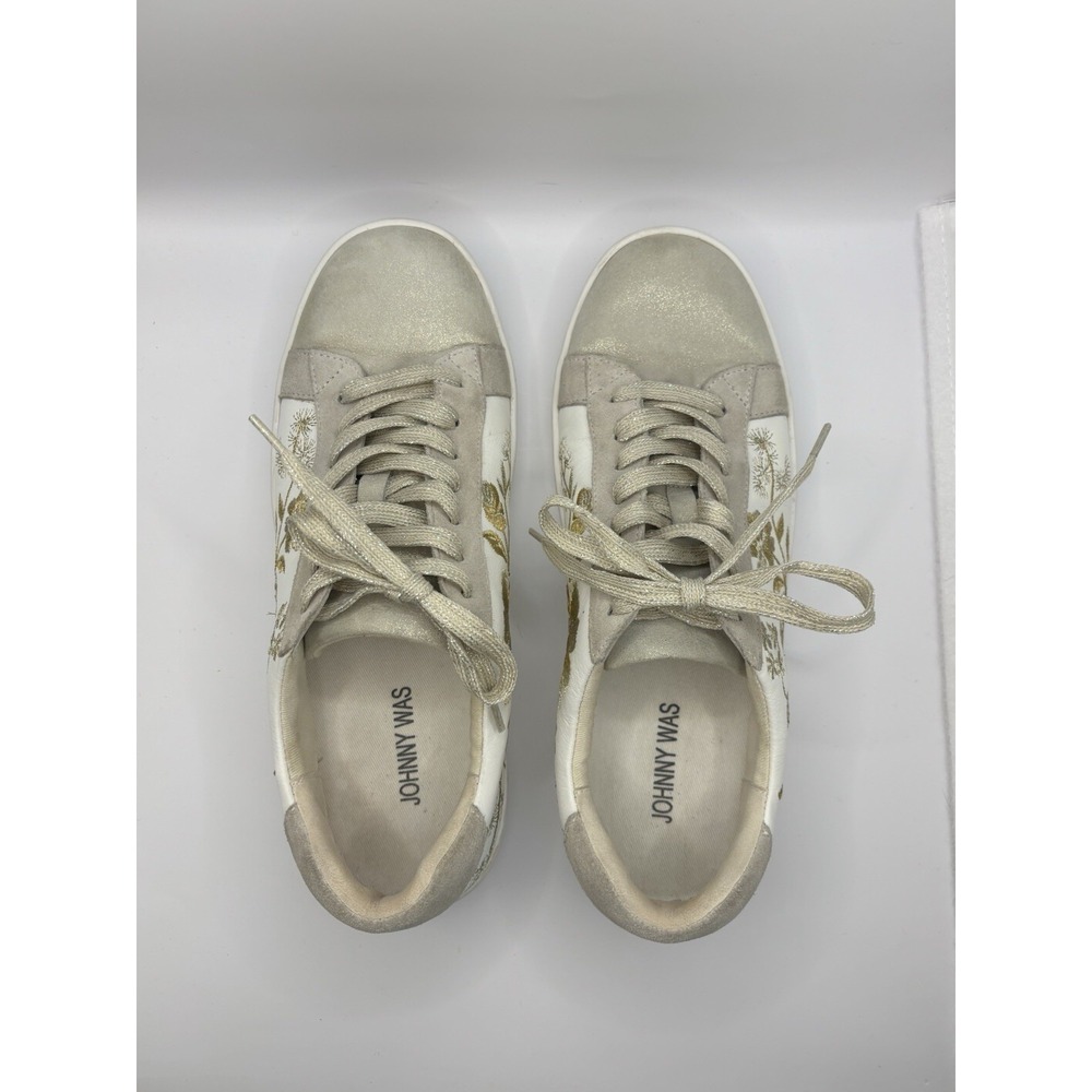 JOHNNY WAS Embroidered Leather Sneakers Vixie Floral Gold Gray - Size 9 White - Picture 6 of 12